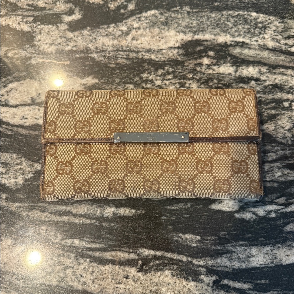 Gucci Tan and Brown Monogram Wallet with leather interior and trim